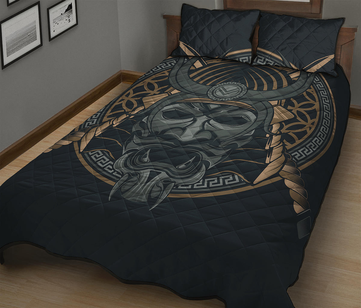 Black Samurai Mask Print Quilt Bed Set