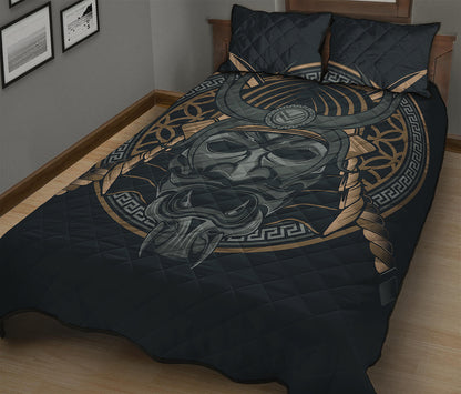 Black Samurai Mask Print Quilt Bed Set