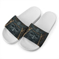Black Samurai Mask Print White Slide Sandals