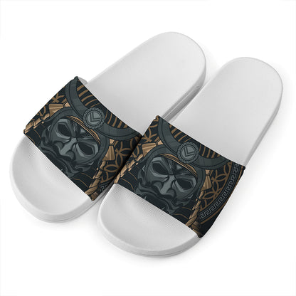 Black Samurai Mask Print White Slide Sandals