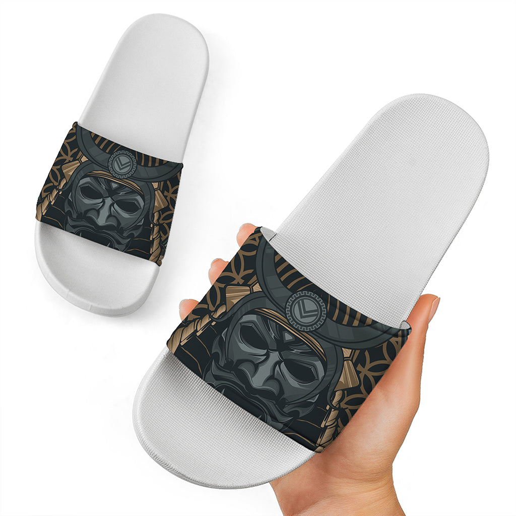 Black Samurai Mask Print White Slide Sandals