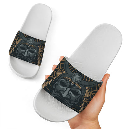 Black Samurai Mask Print White Slide Sandals