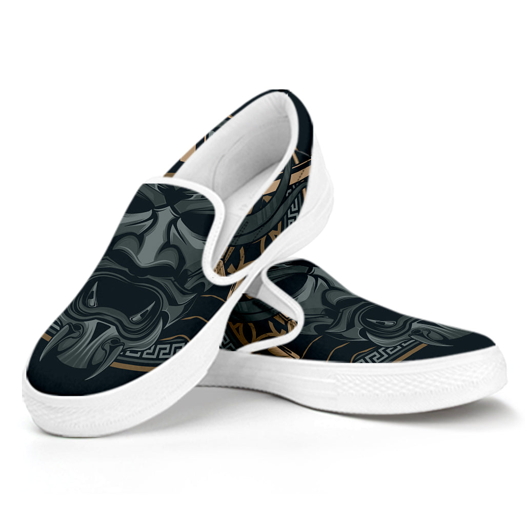 Black Samurai Mask Print White Slip On Shoes
