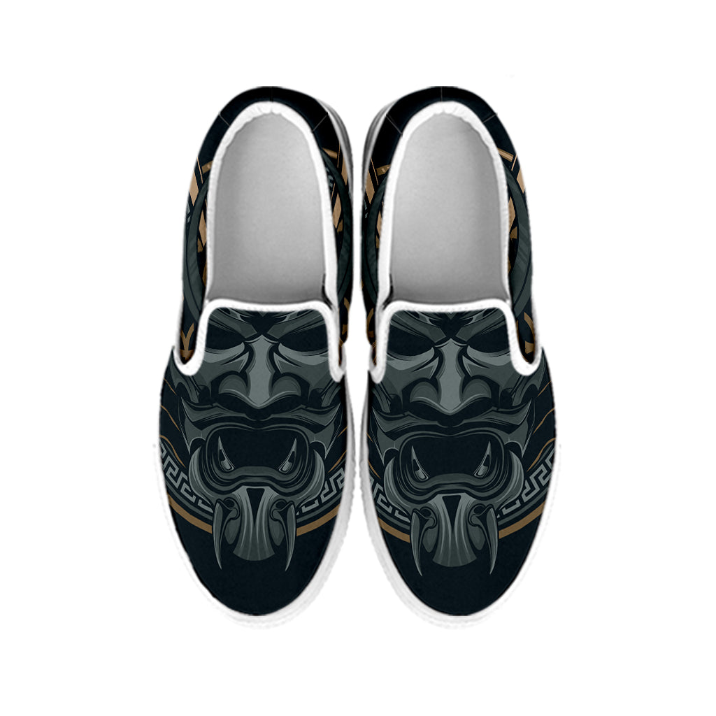 Black Samurai Mask Print White Slip On Shoes