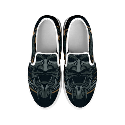 Black Samurai Mask Print White Slip On Shoes