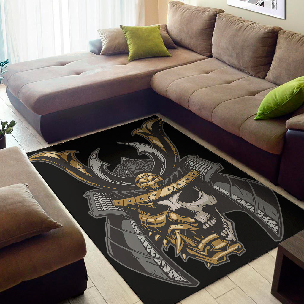 Black Samurai Skull Print Area Rug