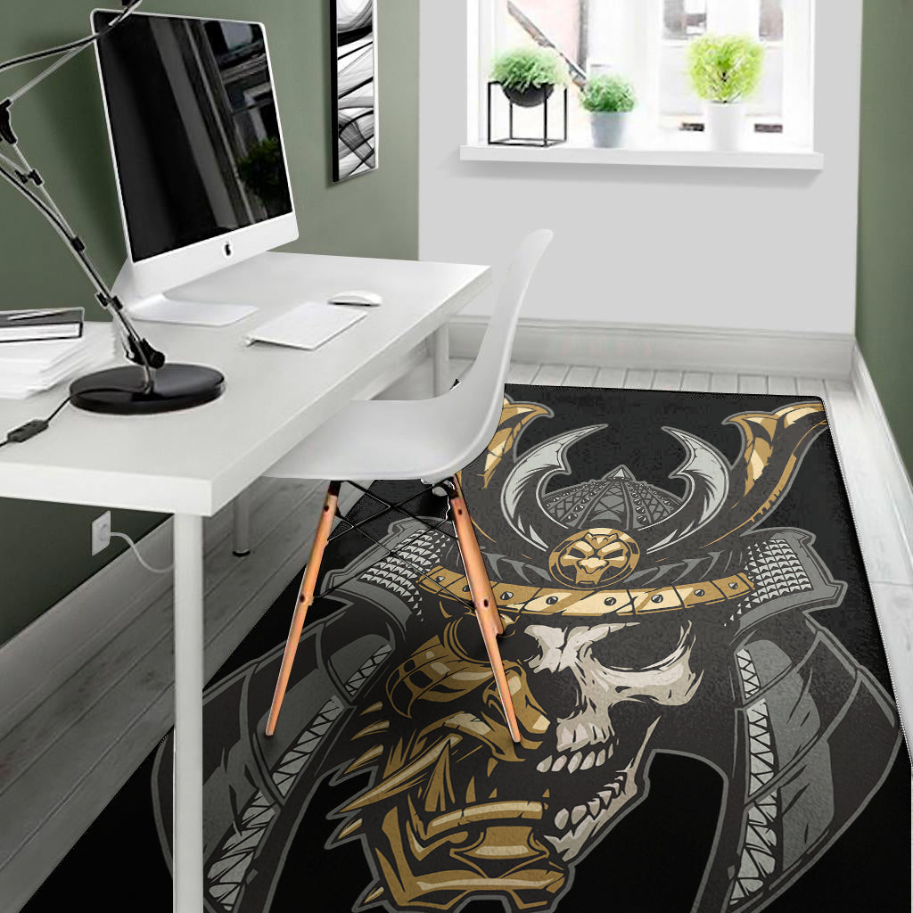 Black Samurai Skull Print Area Rug