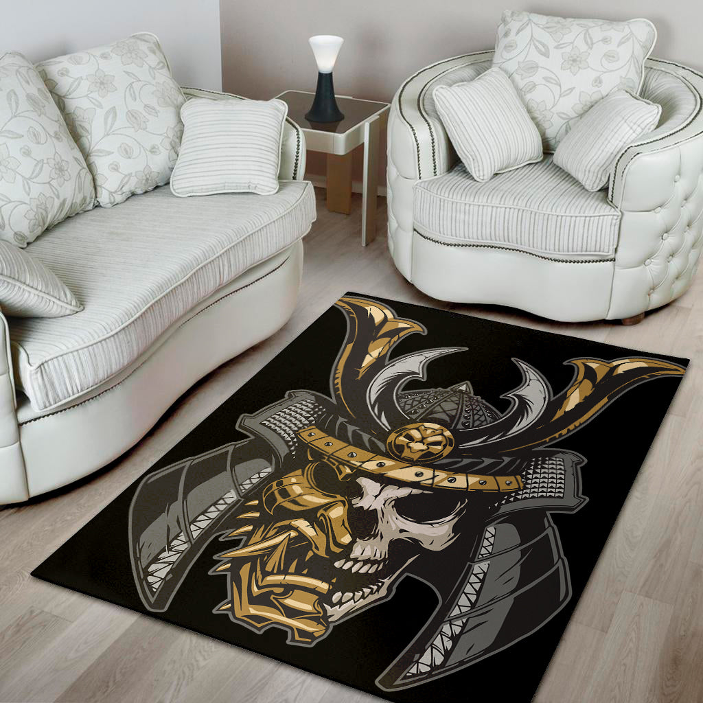 Black Samurai Skull Print Area Rug