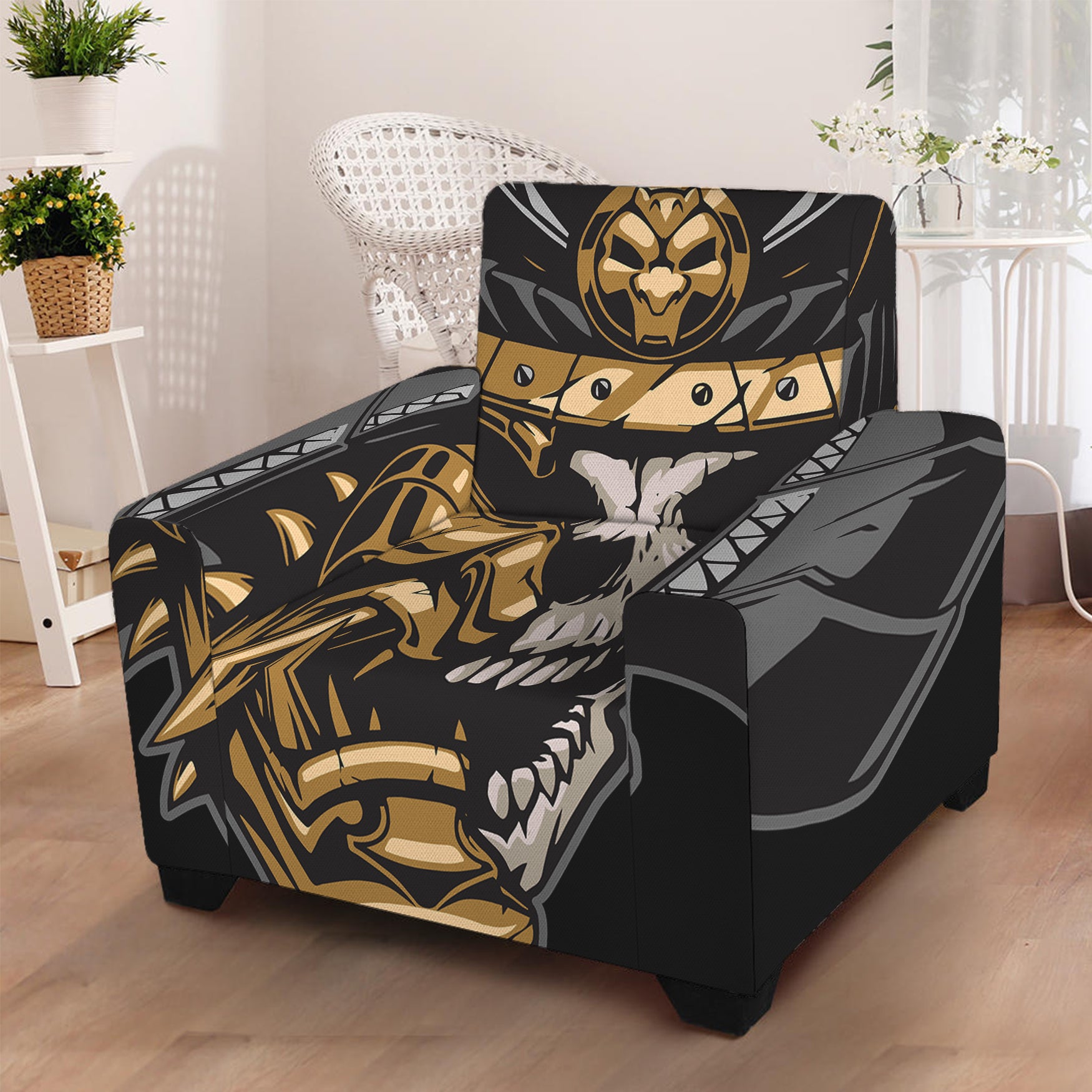 Black Samurai Skull Print Armchair Slipcover