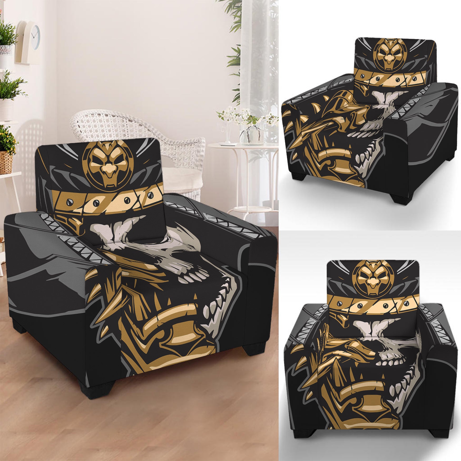 Black Samurai Skull Print Armchair Slipcover