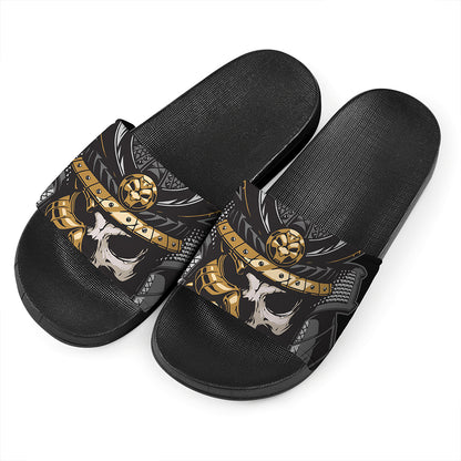 Black Samurai Skull Print Black Slide Sandals