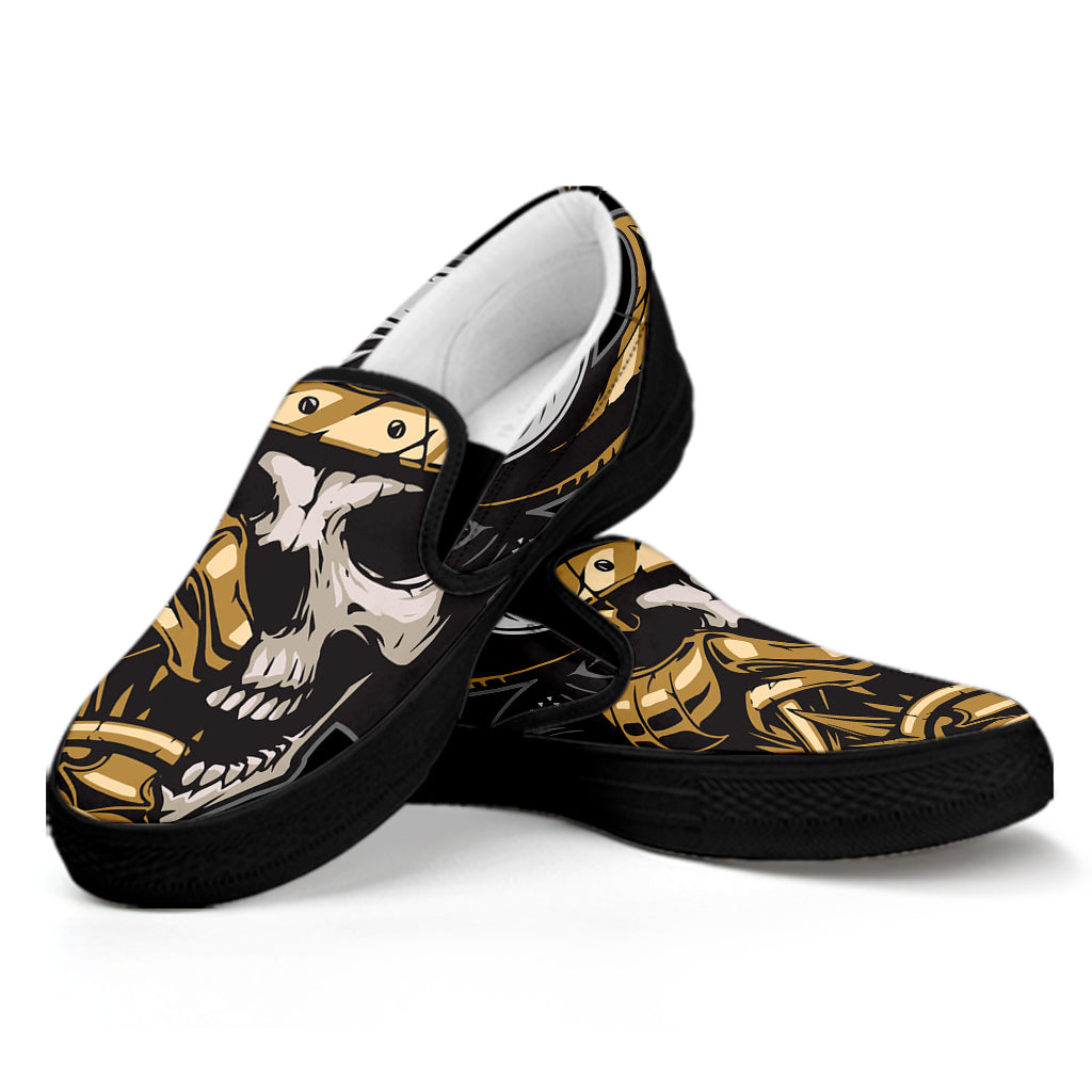 Black Samurai Skull Print Black Slip On Shoes