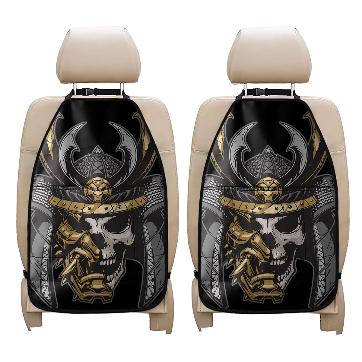 Black Samurai Skull Print Car Seat Organizers