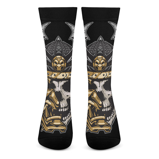 Black Samurai Skull Print Crew Socks