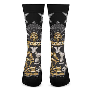 Black Samurai Skull Print Crew Socks