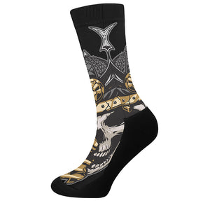 Black Samurai Skull Print Crew Socks