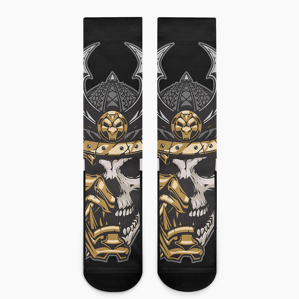 Black Samurai Skull Print Crew Socks