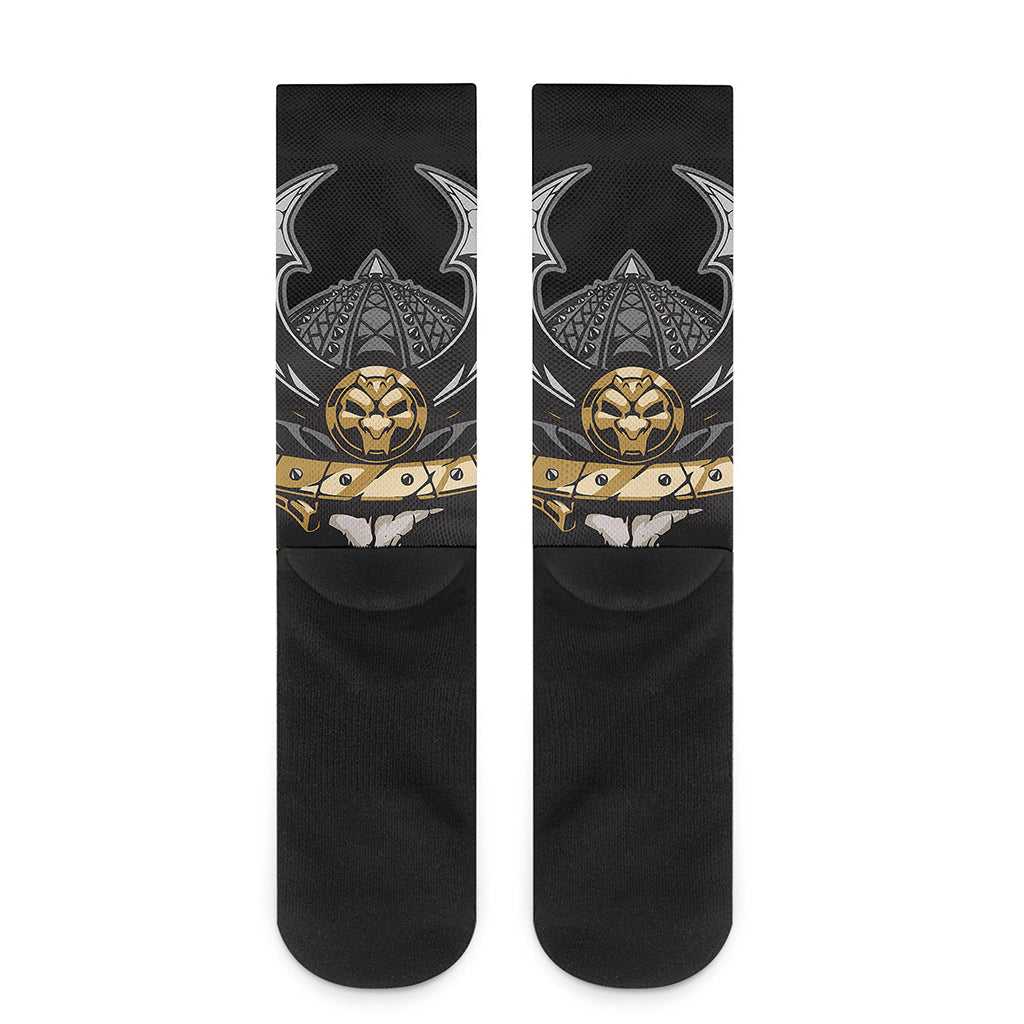 Black Samurai Skull Print Crew Socks