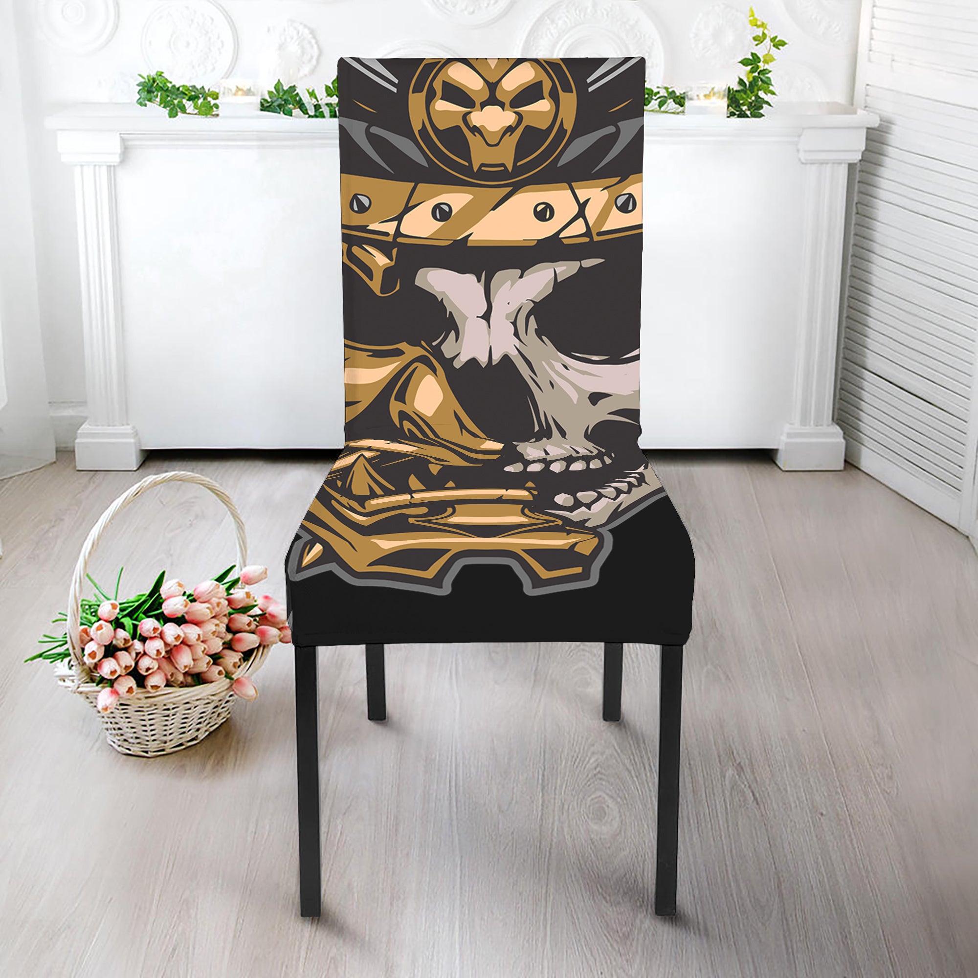 Black Samurai Skull Print Dining Chair Slipcover