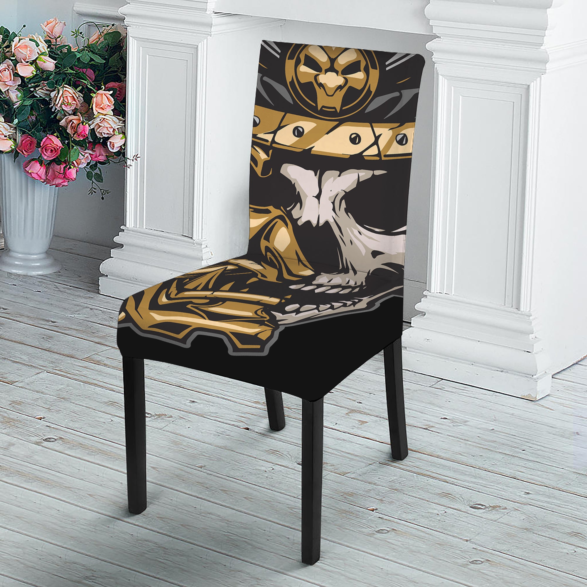 Black Samurai Skull Print Dining Chair Slipcover