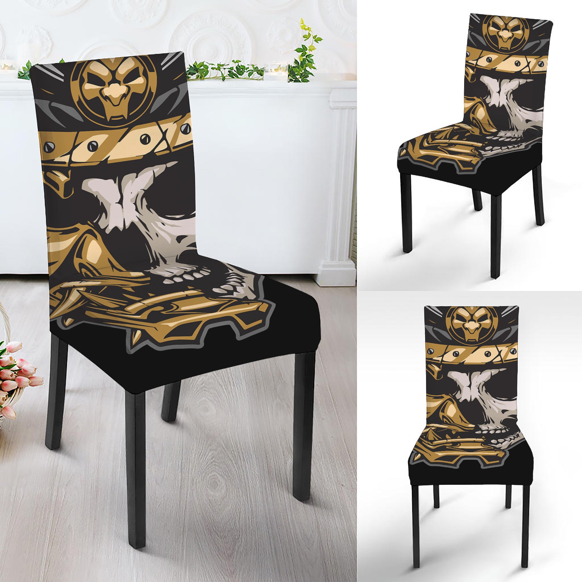 Black Samurai Skull Print Dining Chair Slipcover