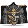 Black Samurai Skull Print Hooded Blanket