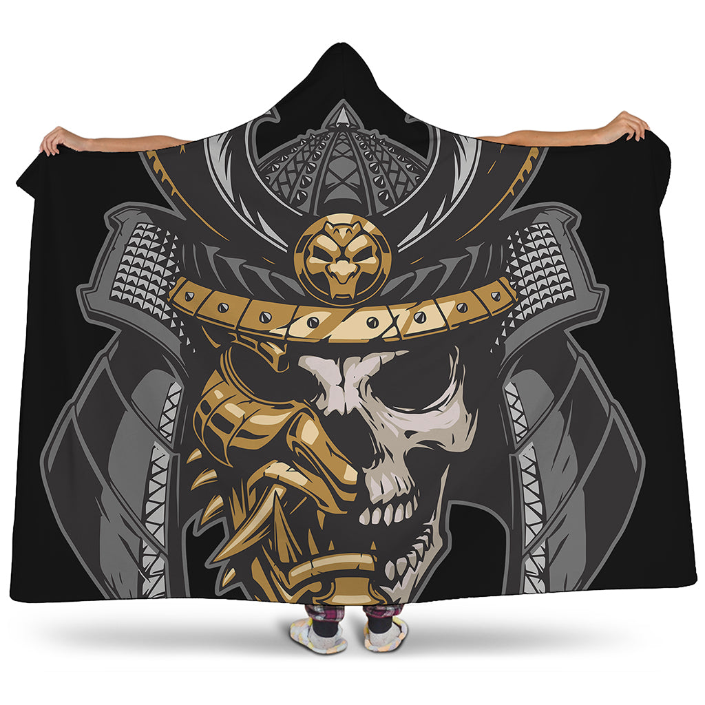 Black Samurai Skull Print Hooded Blanket