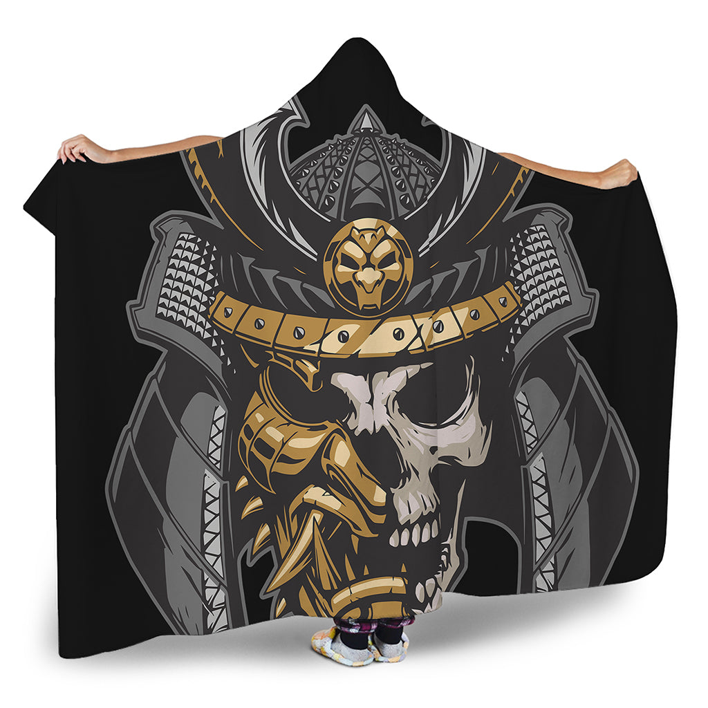 Black Samurai Skull Print Hooded Blanket