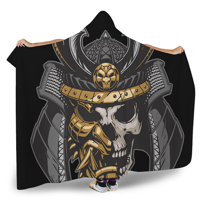 Black Samurai Skull Print Hooded Blanket