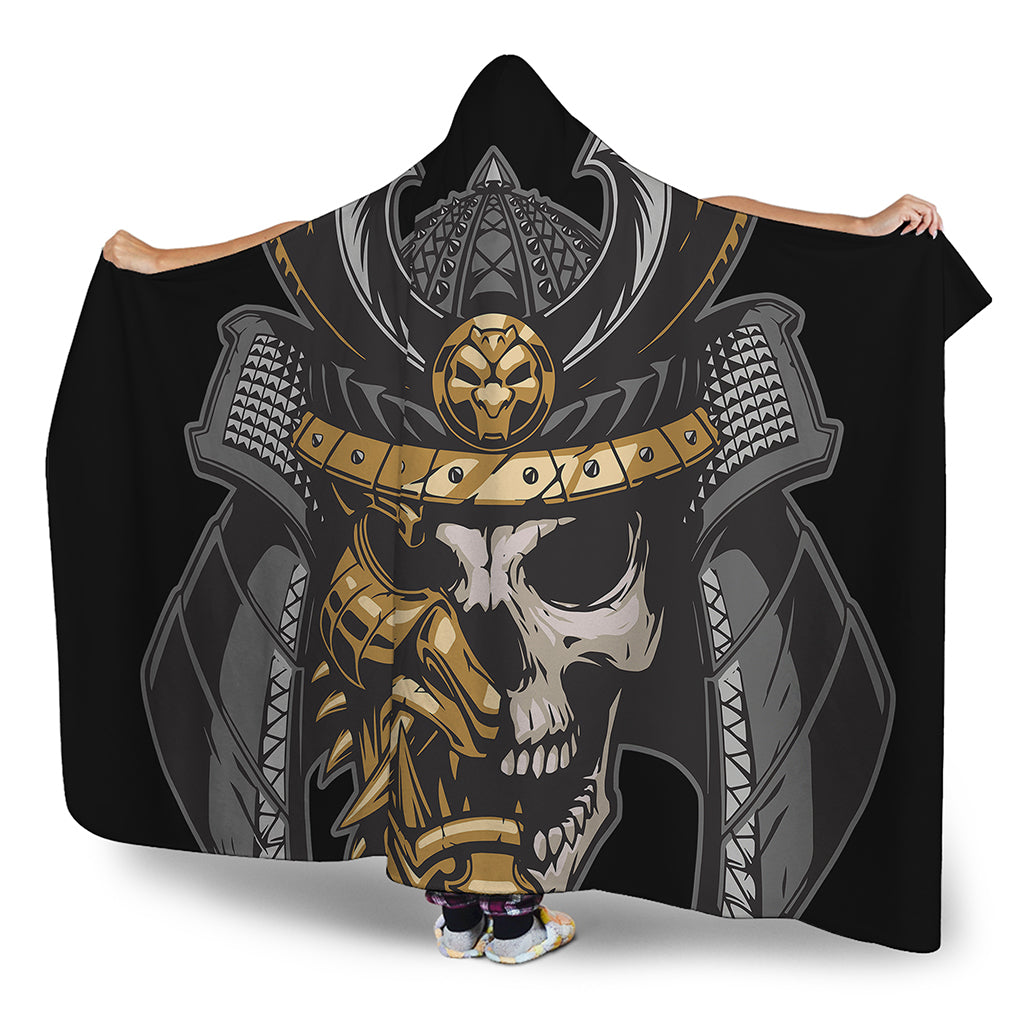 Black Samurai Skull Print Hooded Blanket