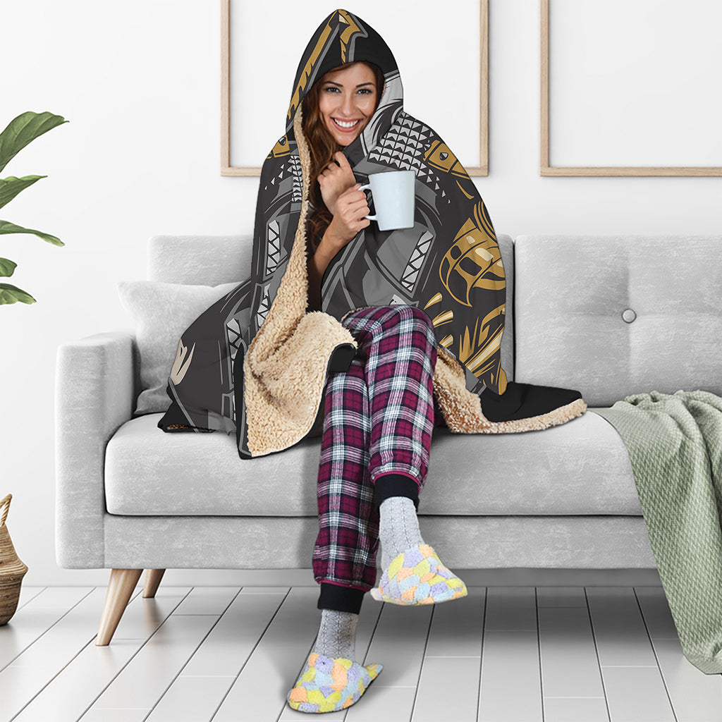 Black Samurai Skull Print Hooded Blanket