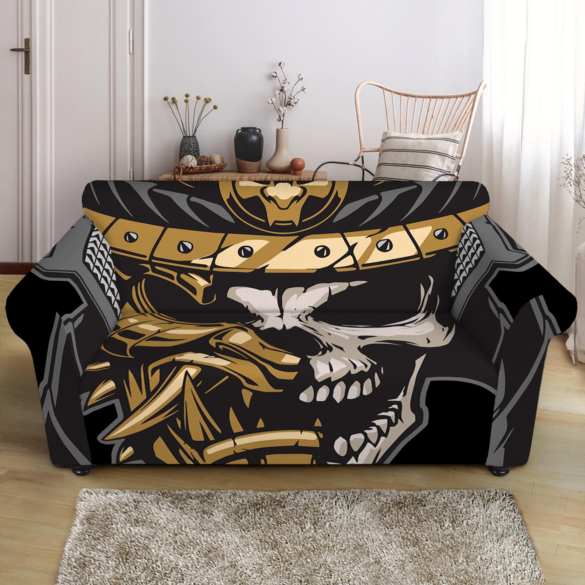 Black Samurai Skull Print Loveseat Slipcover