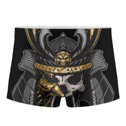Black Samurai Skull Print Men's Boxer Briefs