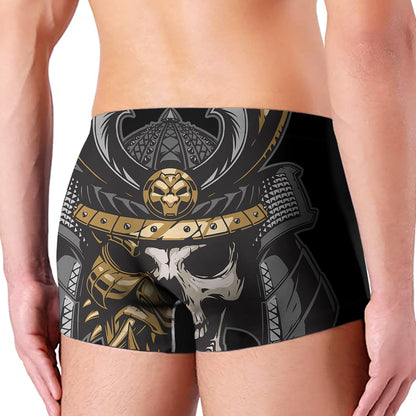Black Samurai Skull Print Men's Boxer Briefs
