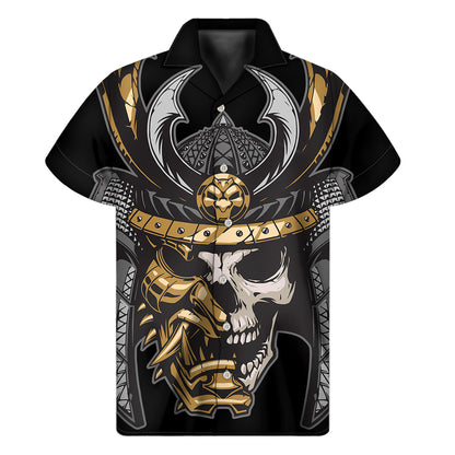 Black Samurai Skull Print Men's Short Sleeve Shirt