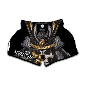 Black Samurai Skull Print Muay Thai Boxing Shorts