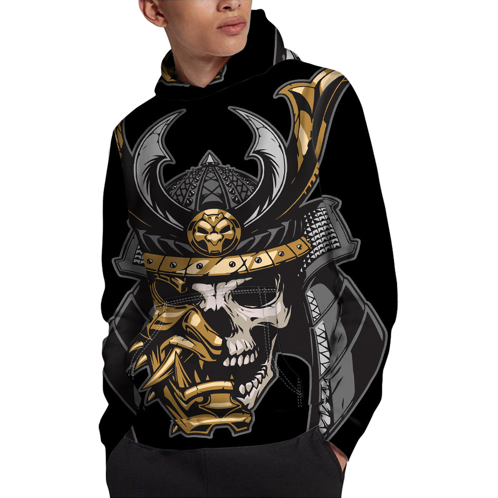 Black Samurai Skull Print Pullover Hoodie