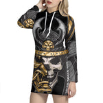 Black Samurai Skull Print Pullover Hoodie Dress
