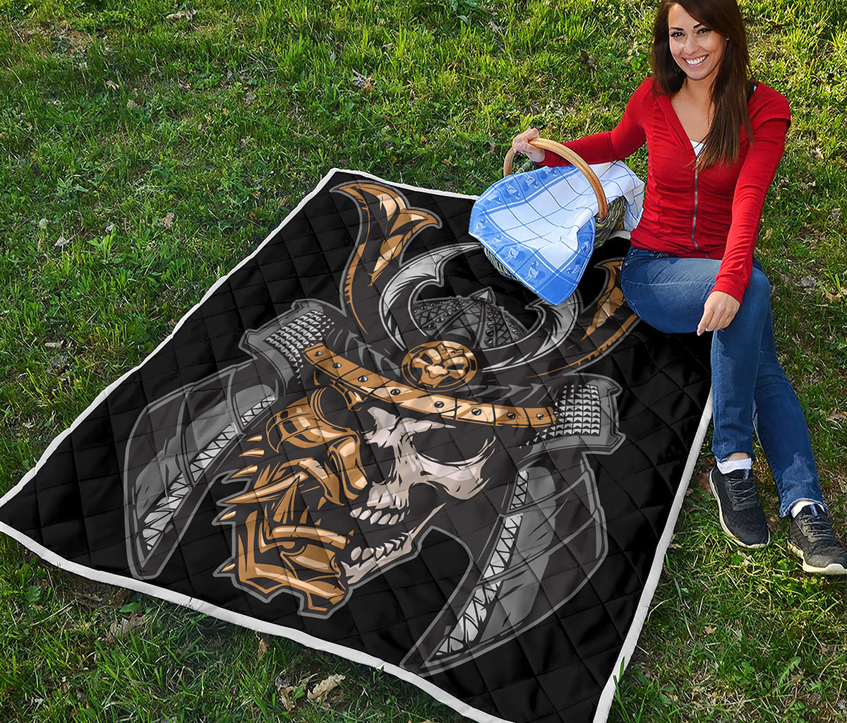 Black Samurai Skull Print Quilt