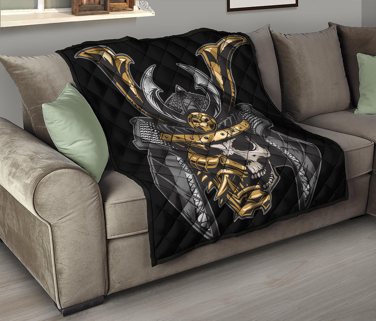 Black Samurai Skull Print Quilt