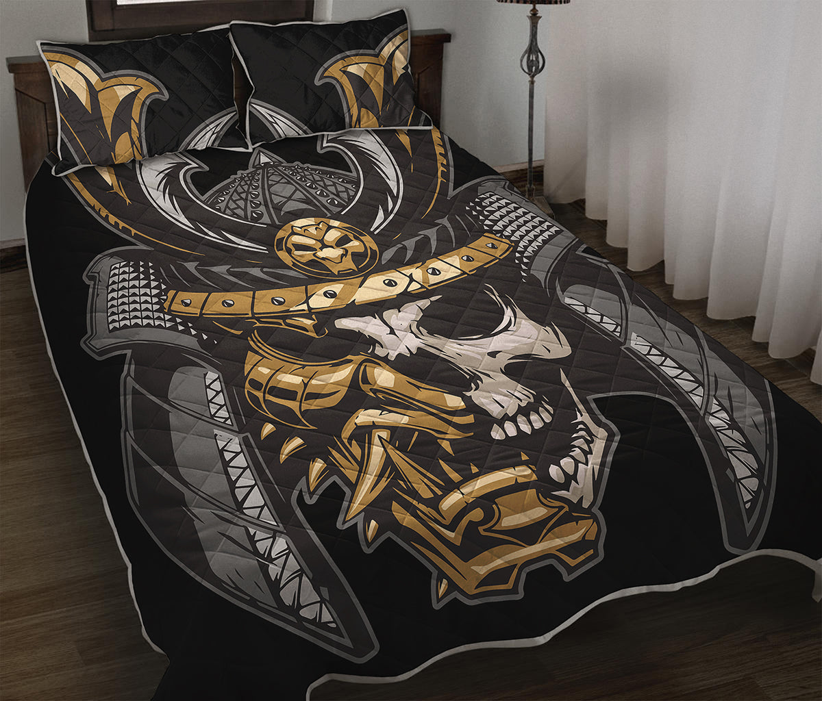 Black Samurai Skull Print Quilt Bed Set
