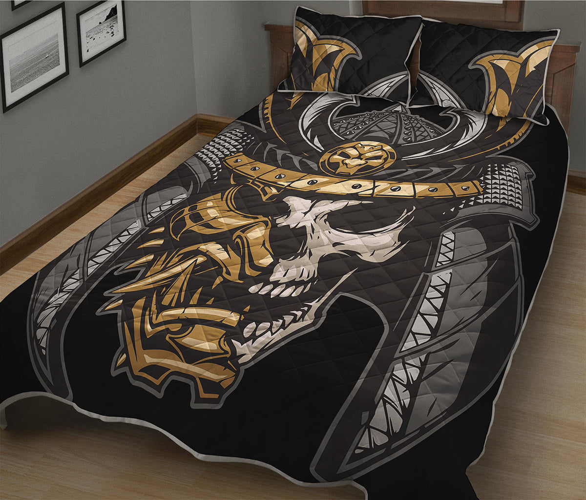 Black Samurai Skull Print Quilt Bed Set
