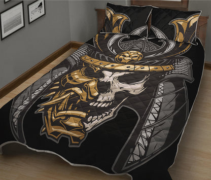 Black Samurai Skull Print Quilt Bed Set