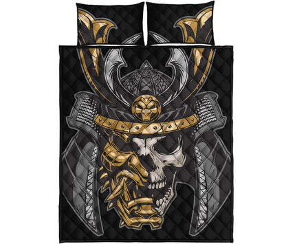 Black Samurai Skull Print Quilt Bed Set