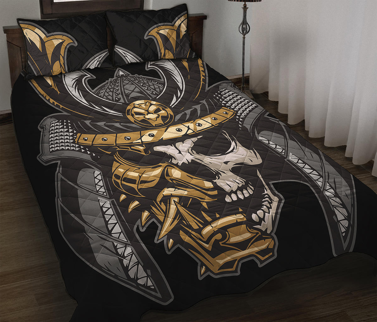 Black Samurai Skull Print Quilt Bed Set