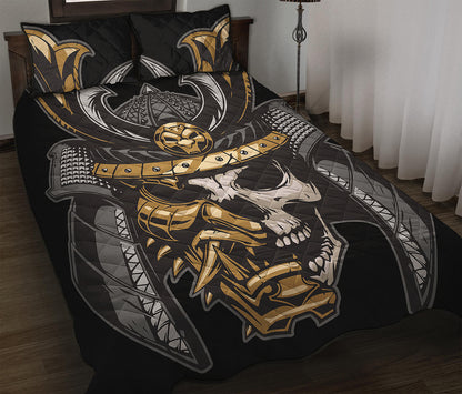 Black Samurai Skull Print Quilt Bed Set