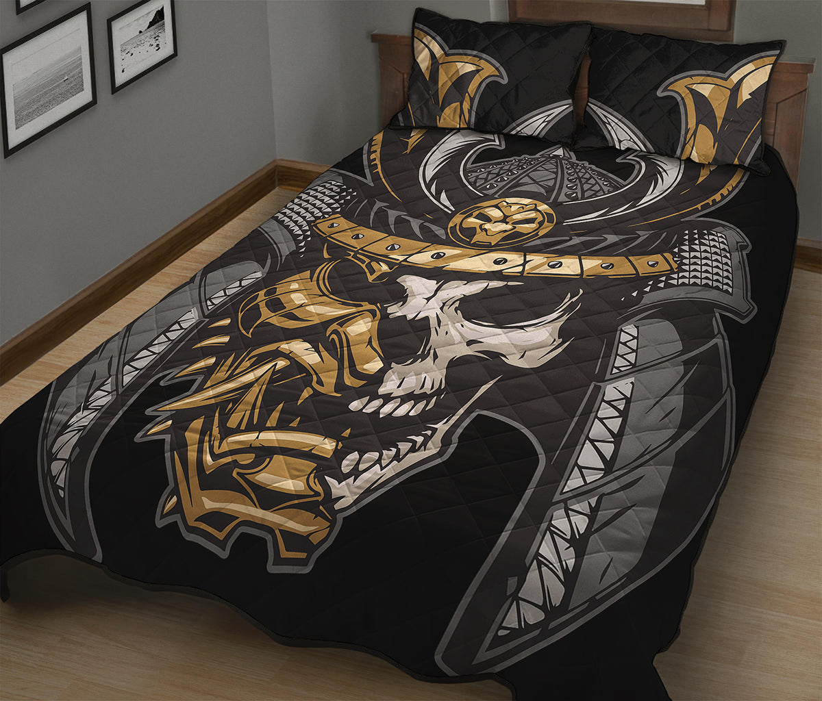 Black Samurai Skull Print Quilt Bed Set