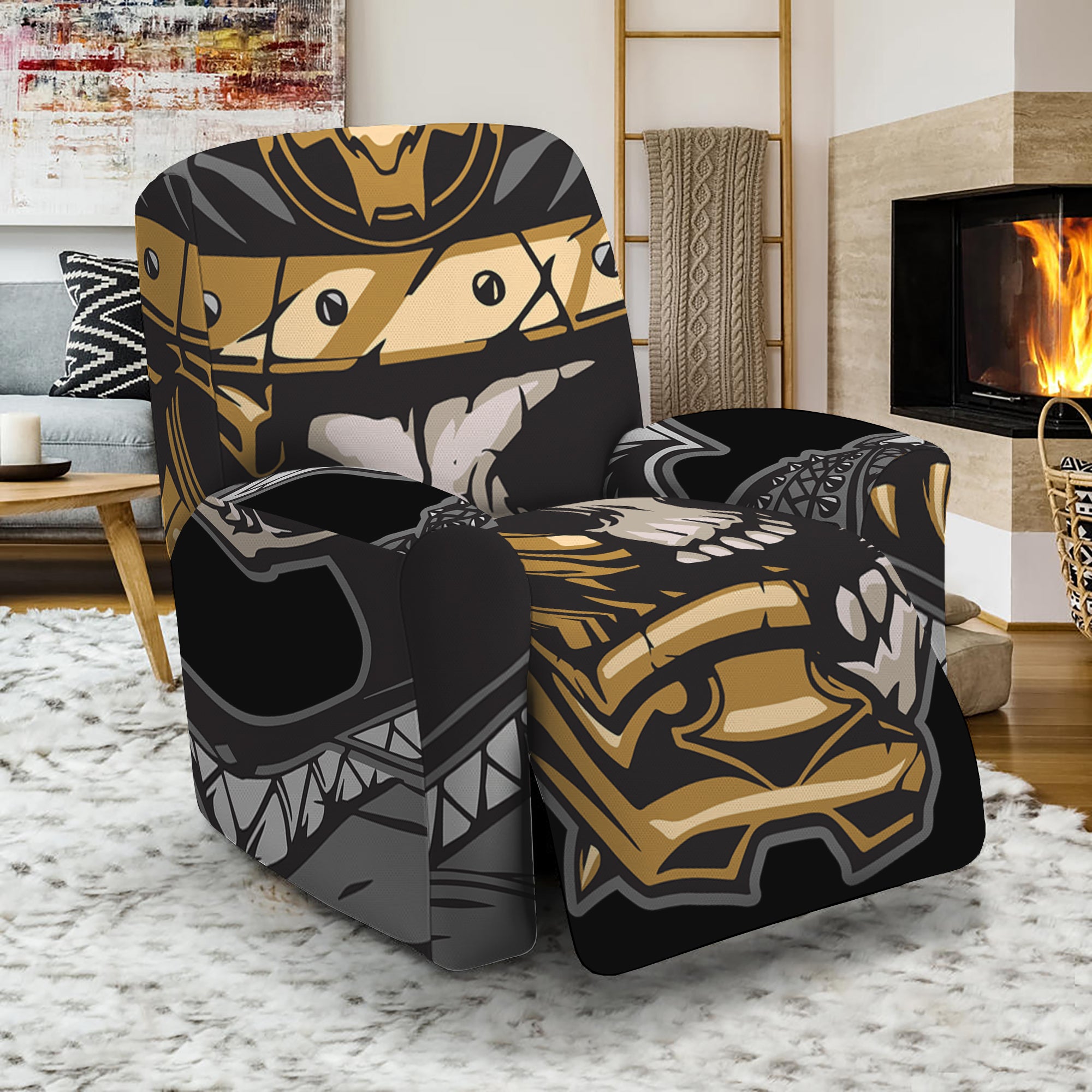 Black Samurai Skull Print Recliner Slipcover