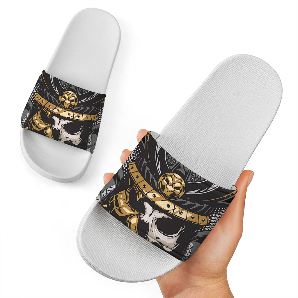 Black Samurai Skull Print White Slide Sandals