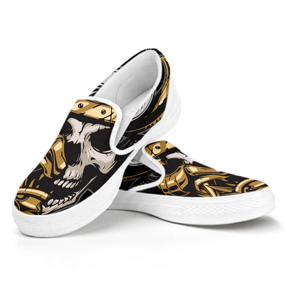 Black Samurai Skull Print White Slip On Shoes